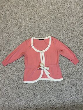 Theme Women’s Pink Cardigan with Cream Trim and Bow